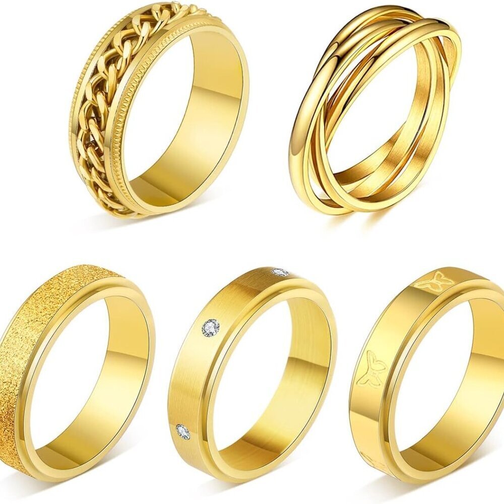 5PCS 18K Gold Plated Fidget Rings for Anxiety Stainless Steel Butterfly Chain CZ